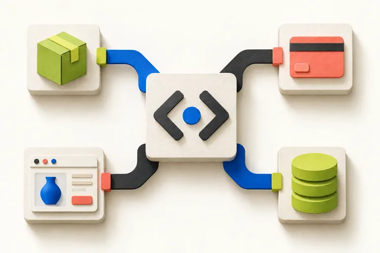 Conceptual integration illustration: a central code module connects catalog, payment, inventory and data modules.