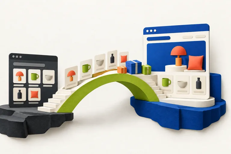 Conceptual migration illustration: a green bridge carries product records between two storefronts.