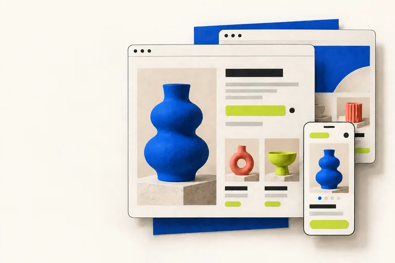 Conceptual storefront illustration: desktop and mobile product layouts with blue ceramics.