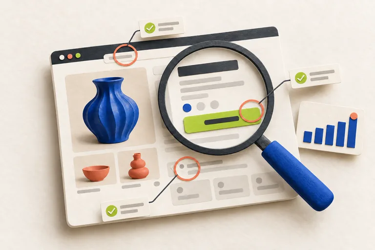 Conceptual audit illustration: a magnifying glass and review markers examine a fictional product-page layout.